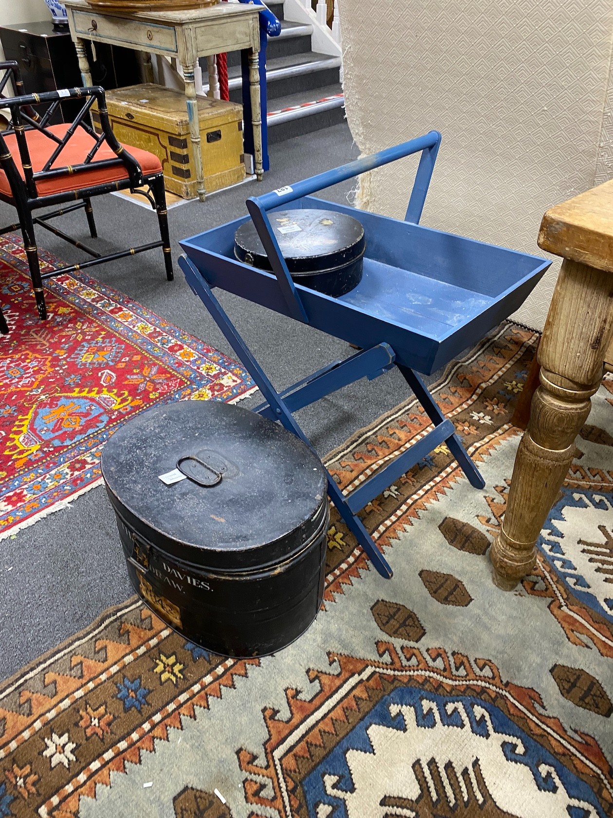 Two Victorian hat/collar boxes and blue painted tray top table on stand